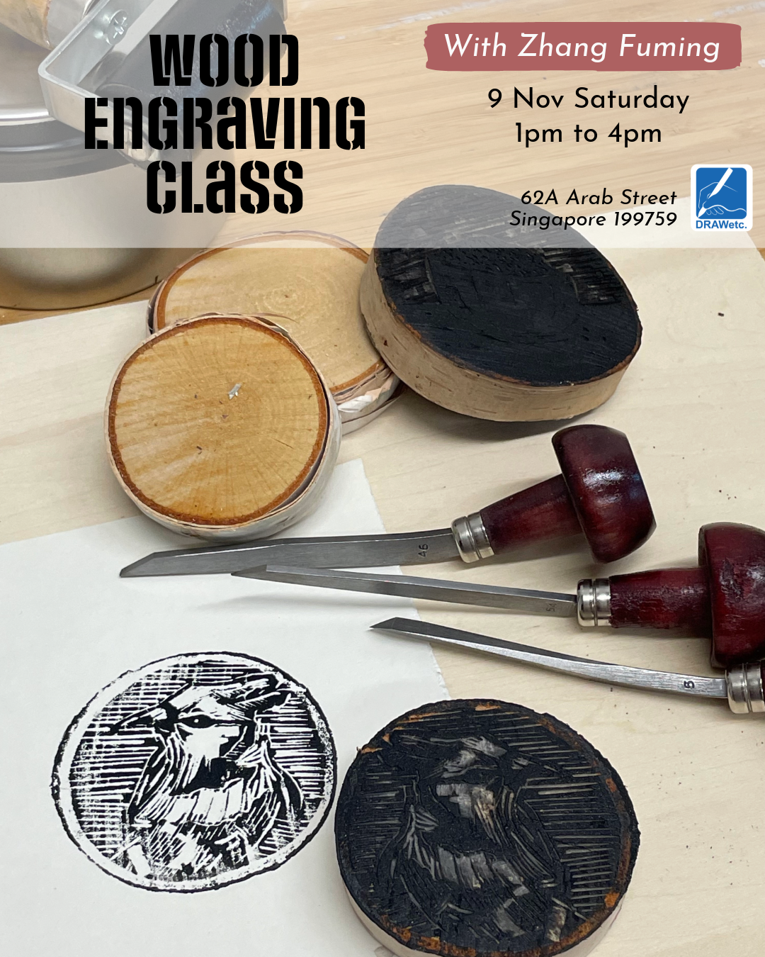 Singapore Printmaking Class and Workshop available in Singapore. Wood Engraving Class Class in Drawing Etc. Art Supplies