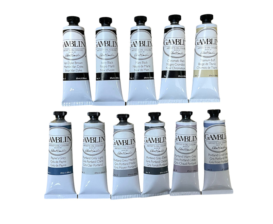Gamblin Artist Colors Blacks and Greys in 37ml. Available in Drawing Etc. Art Supplies, Singapore.